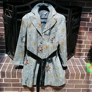 Tapestry coat in shades of blue, green and gold.